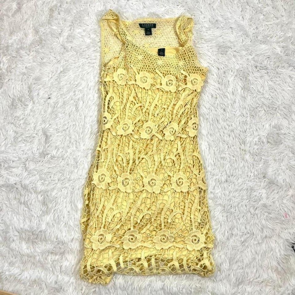 LAUREN Ralph Lauren‎ Dress Yellow Crochet Sleeveless Crochet Mini Dress Size S
